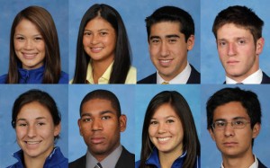 Portraits of eight different students with blue backgrounds.