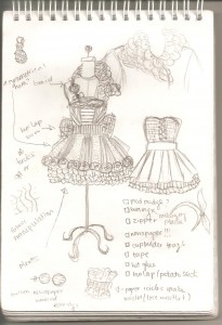 A student's sketch for Fashion Trashion, including a puffy sillouette skirt, with corset-like bodice