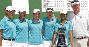 SJSU Women's Golf Team with trophy.
