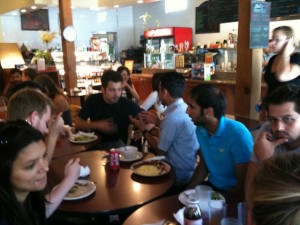 SJSU and exchange students share a meal and conversation at a nearby restaurant.