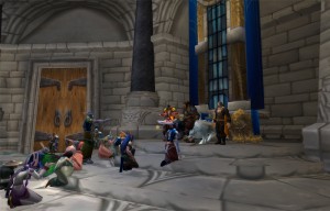 A screen shot of World of Warcraft game with characters that were created by 3rd Faction. The characters are standing on stairs looking up and trying to convince the leader to change his views.  