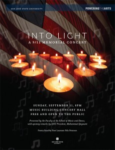 A flyer with a U.S. flag, candles, and music notes for Into Light: A 9/11 Memorial Concert on Sunday, September 11, at 8 p.m. in the Music Concert Hall Building.