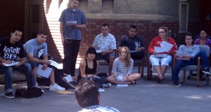 Mexican-American Studies students gather around mentor Felipe Ponce, foreground, at a study session outside of Yoshihiro Uchida Hall. Courtesy photo.<br>