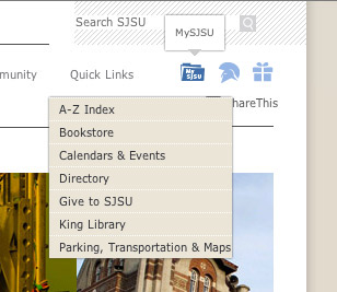 Screen shot of quick links and icons on the new sjsu.edu