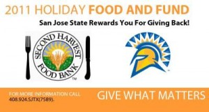 A banner showing the 2011 Holiday Foodfun featuring the icon of the Second Harvest Food Bank and the Spartan helmet logo.