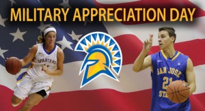 A female (left) and male (right) basketball player with Spartan head (center). Background is american flag.