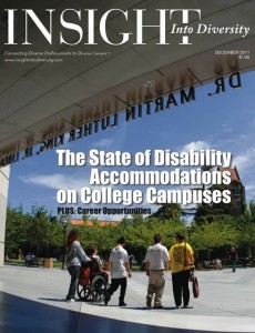 Magazine cover showing student group including one in wheelchair outside King Library.