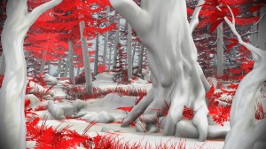 An animated illustration of a forest of trees covered with snow.