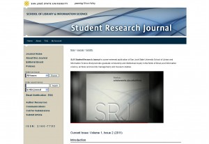 A computer screensheet of the homepage of the School of Library and Information Science's Student Research Journal, including a screenshot of a YouTube video