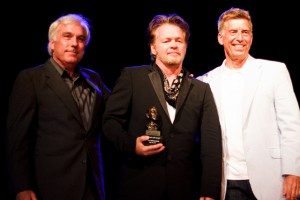 Mellencamp (center) with Paul Douglass (left), director of the Martha Heasley Cox Center for Steinbeck Studies, and Robert Santelli (right), executive director of the Grammy Museum (Christina Olivas photo). 