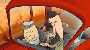 Old man and younger man riding in a car
