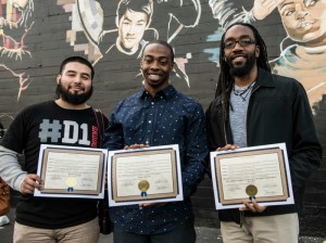 SJSU students Randy Vazquez, Danny McLane and staff member Jahmal Williams pose with their community service certificates presented by the city of San Jose. Photo by Associate Professor of Journalism and Mass Communications Michael Cheers.
