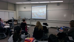 Photo courtesy of Jason Laker Connie L. Lurie College of Education students engage with peers from Allama Iqbal Open University in Pakistan via online video conference.