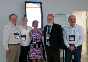 Photo courtesy of Resa Kelly Chemistry Professor Resa Kelly, second from the left, presented research on using visual animations in teaching chemistry this summer. Here she is pictured with colleagues at a meeting in Brazil.