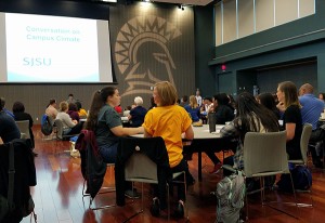 Students, faculty, staff and community members gathered for a Conversation on Campus Climate on Sept. 29, with facilitators in yellow shirts leading small group discussions.