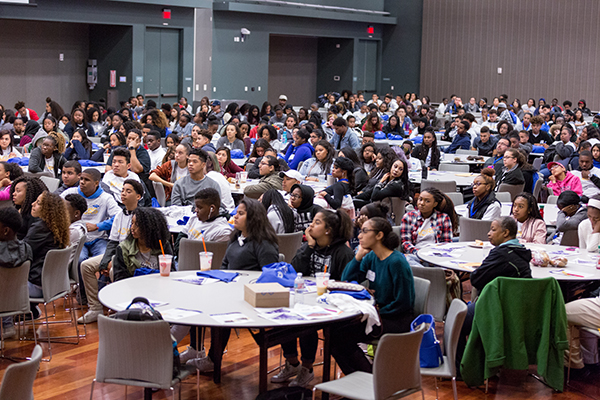 High school students from Santa Clara County schools listen to speakers in the Diaz Compean Student Ballroom at the African American College Readiness Summit.