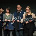 SJSU students (left to right) Vasadha Varma, Ashley Chung, Miles Vallejos and Mariella Perez were selected for best design at the Adobe CreativeJam. (Photo: James Tensuan, '15 Journalism)