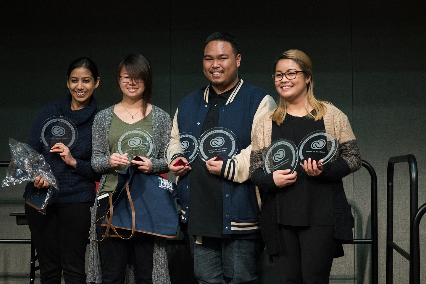 SJSU students (left to right) Vasadha Varma, Ashley Chung, Miles Vallejos and Mariella Perez were selected for best design at the Adobe CreativeJam. (Photo: James Tensuan, '15 Journalism)