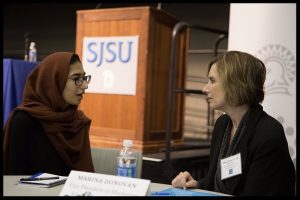 Photo: Moses Kinnah SJSU Alumna Marina Donovan, '84 Public Relations, offers career advice to a current student during the Spartan Success Series 'Major to Career Exploring the Journey' event in fall 2016.