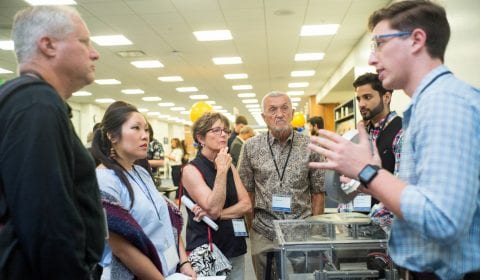 Facebook’s Mark Roenigk (left) with SJSU student engineers at the soft launch of the Innovation Design Collaborative at San Jose State University on Friday, June, 8, 2018. (James Tensuan/San Jose State University)