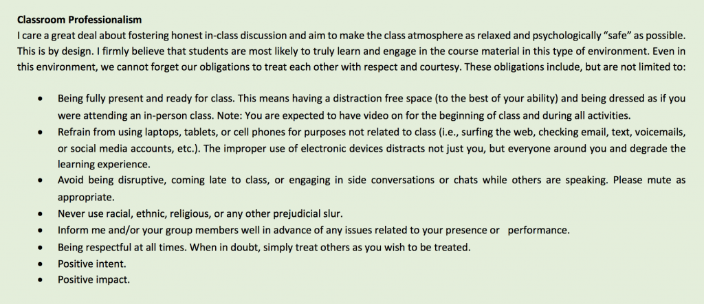 Classroom Professionalism verbiage from syllabus