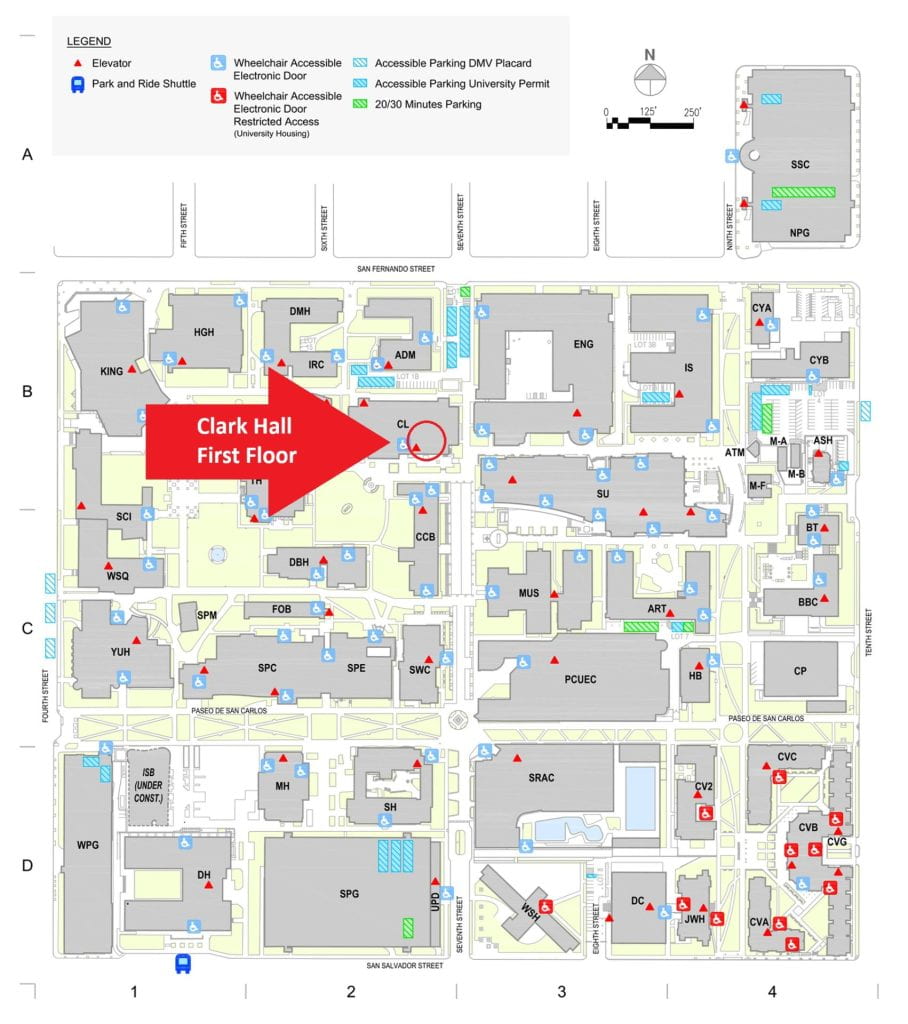 Map of SJSU Main Campus with a large red arrow pointing to Clark Halll labeled "Clark Hall First Floor."