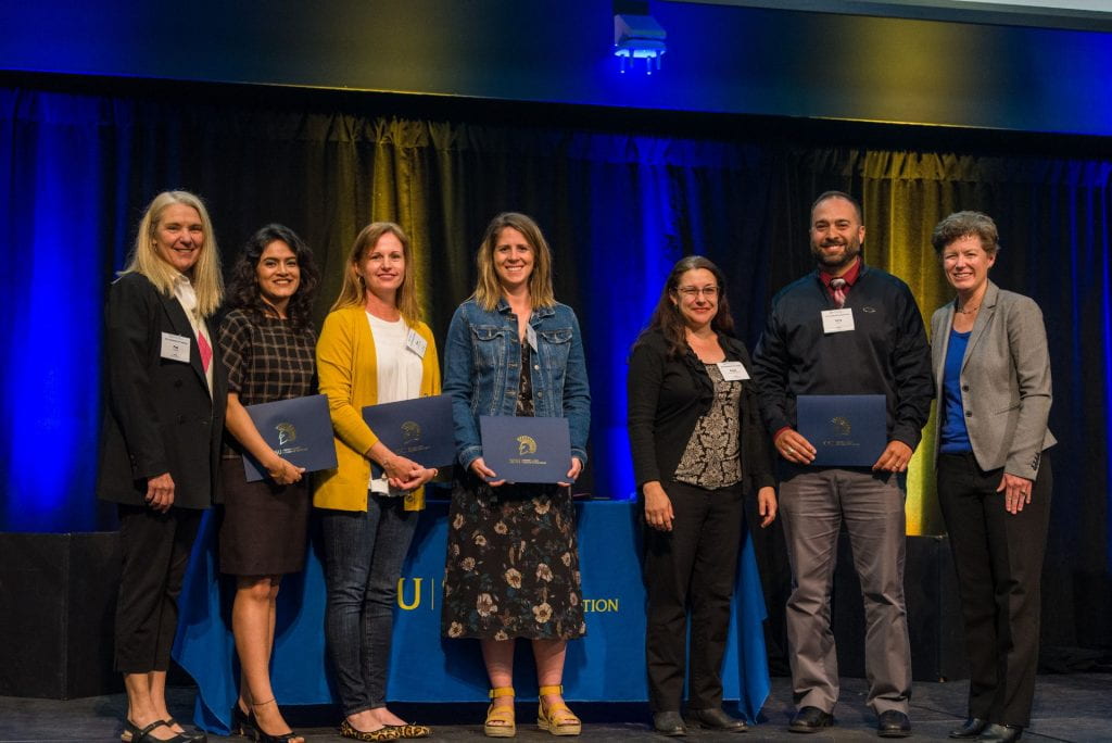 SJSU Lurie College of Education Celebration of Teaching Alumni awardees pose with faculty Peg Hughes and Katya Karathanos Aguilar and Dean Heather Lattimer