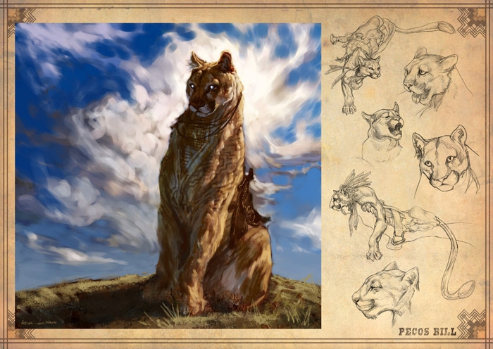 Concept art by Aidan Sugano submitted for DreamCrits. Shows cat in full color plus black-and-white sketches.