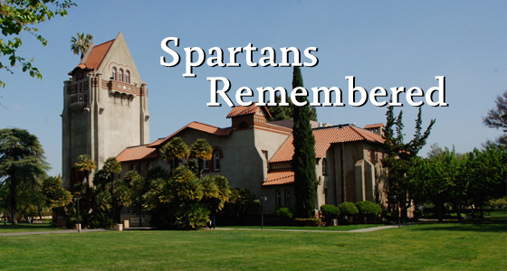 Spartans Remembered with image of Tower Hall in the background.