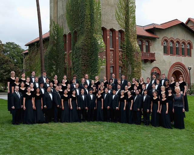 Choir in concert dress outside Tower Hall.