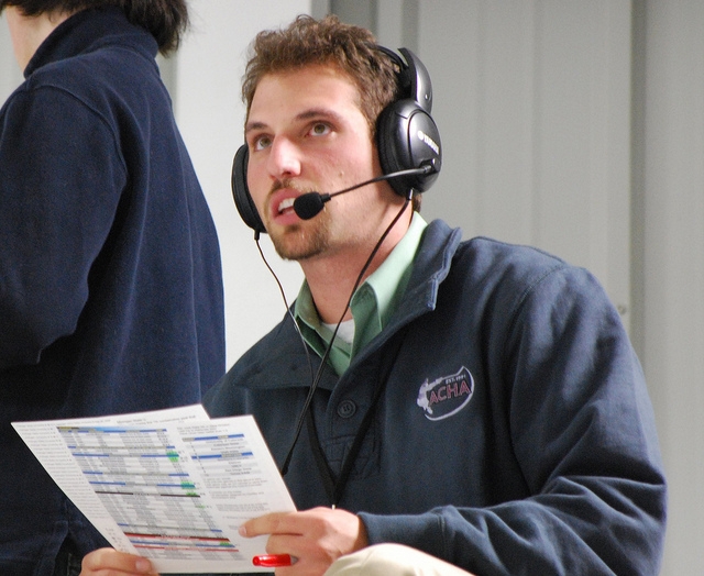 Justin Allegri at a broadcast of a hockey game at the American Collegiate Hockey Association Division 2 National Tournament.