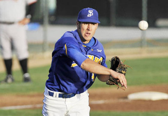Pitcher right after throwing a ball wearing SJSU jersey blue and gold with white pants.