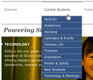 Screen shot showing main navigation of the new sjsu.edu