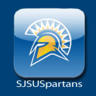 A view of the SJSUSpartans app featuring the blue and gold spartan helmet with the SJSUSpartans text below it.