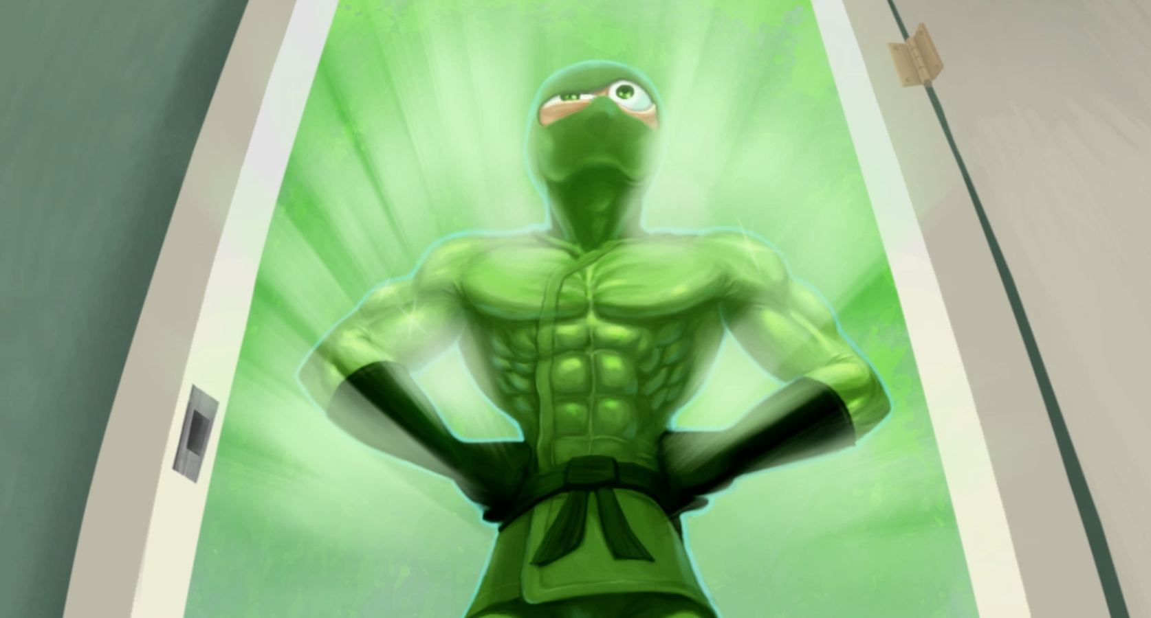 The Green Ninja, an animated green frog like character stands with his hands on on hps in the middle of a door way, wearing black long gloves and a ninja belt. Green light shines behind him.