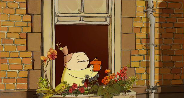 Woman holding potted plant, while standing near window with potted plants in Cinequest animation "Bloom." Courtesy of Emily Johnstone.