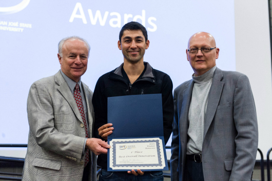 Sargon Jacob (center) received first  first place in the Best Overall Innovation category of the 2014 Silicon Valley Innovation Challenge (Robert C. Bain photo). 