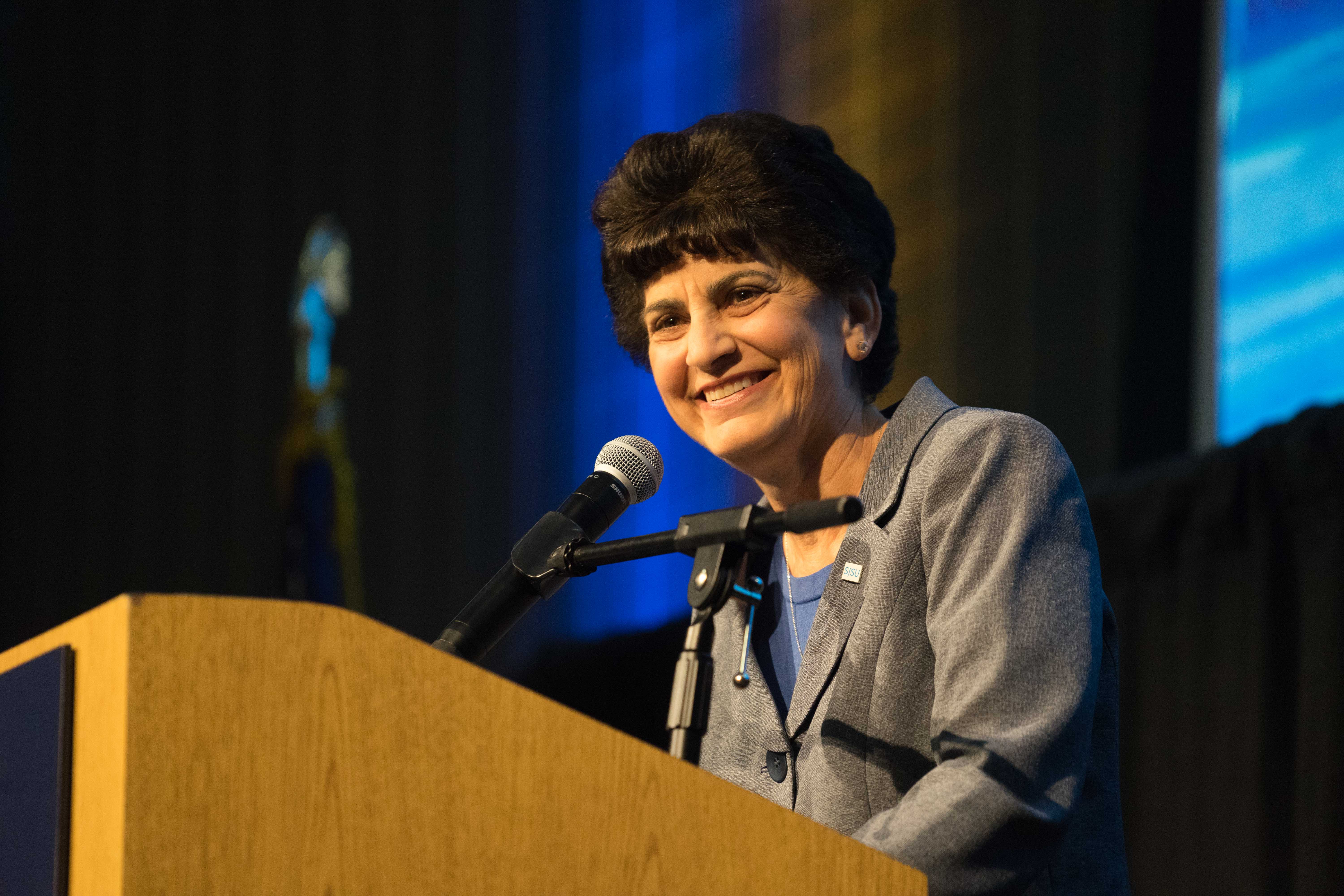 President Papazian delivers the Fall Welcome Address Aug. 24 at the Diaz Compean Student Union ballroom. (Photo: James Tensuan, '15 Photojournalism).