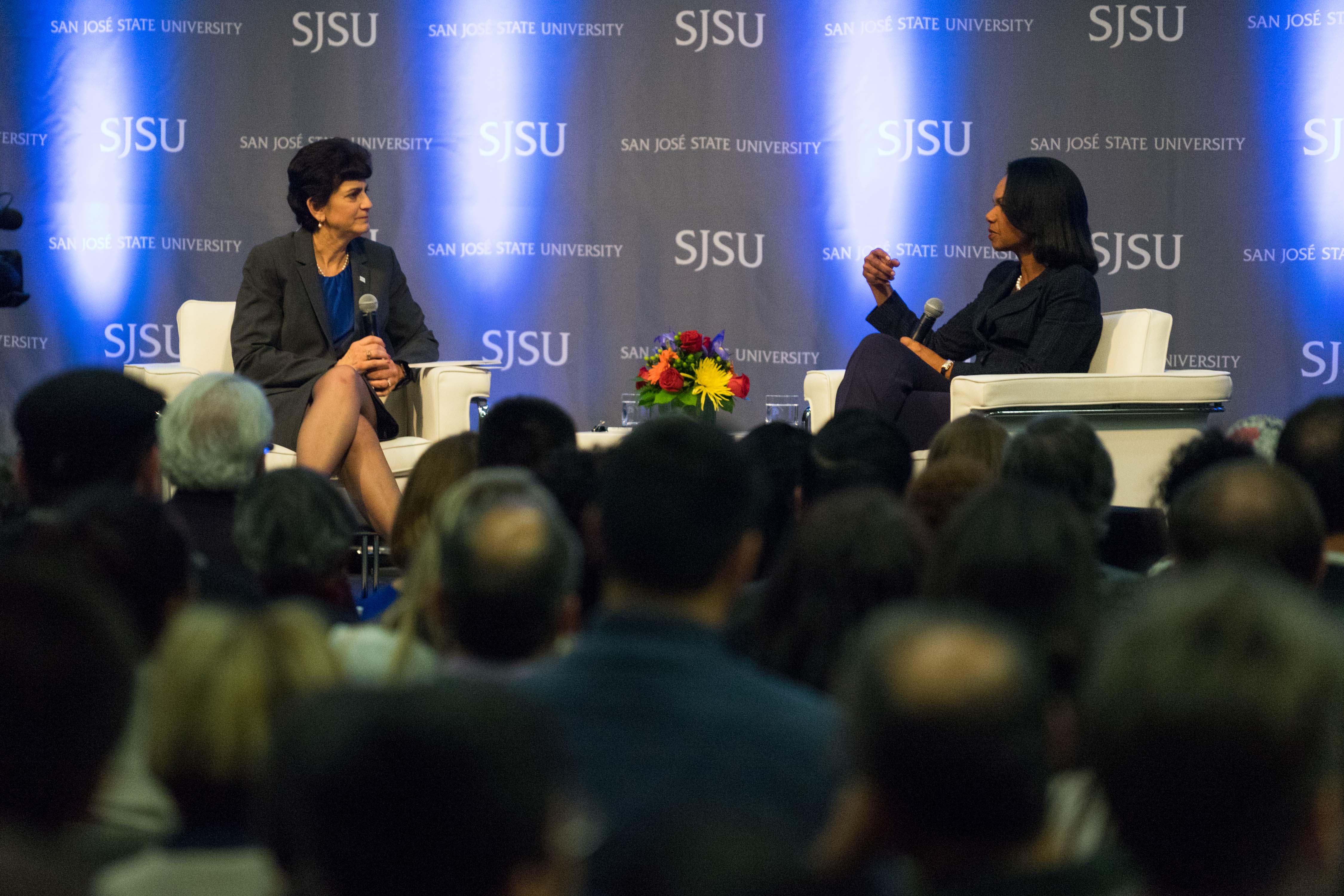 President Papazian in conversation with Condoleezza Rice, Secretary of State, 2005-2009 (Photo: James Tensuan, ’15 Photojournalism).