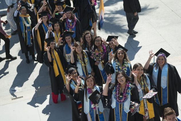 Graduates from the Connie L. Lurie College of Education line up outside the Event Center for Commencement in spring 2018. (Photo: Brandon Chew)