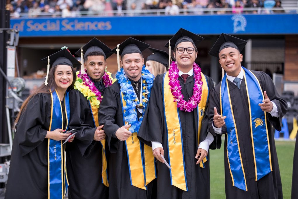 Graduates celebrate at Avaya Stadium during San Jose State University's College of Social Sciences Graduation in 2018. Photo: David Schmitz