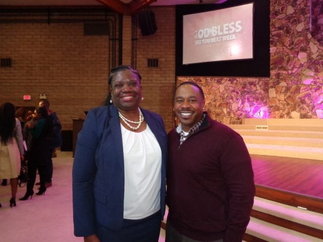 At left, Dr. Theodorea Berry, chair of the Department of African-American Studies, poses for a photo with Pastor Jason C. Reynolds during San Jose State University's Super Sunday event Feb. 10 at Emanuel Baptist Church.