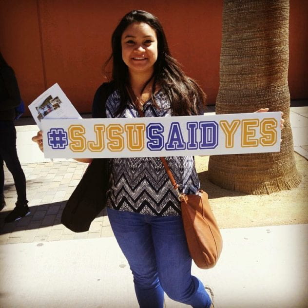 Andrea Coto joined SJSU as a transfer student. Here she poses for a photo on Admitted Spartans Day after she accepted admissions to SJSU.