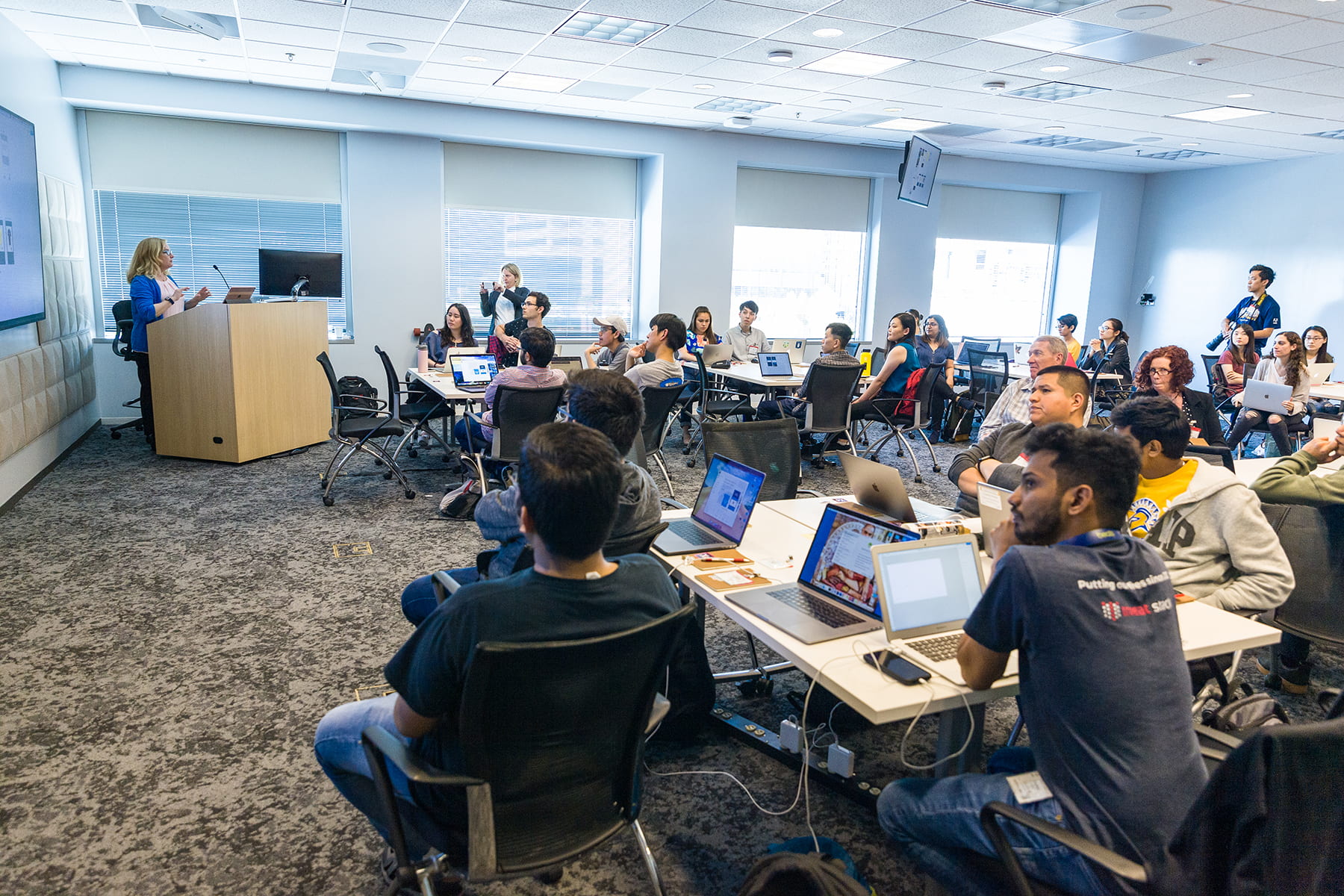 Donna Caldwell, a senior solutions consultant, leads the Adobe XD bootcamp for students who competed in the Adobe Creative Jam April 18, 2019. Photo by Robert C. Bain