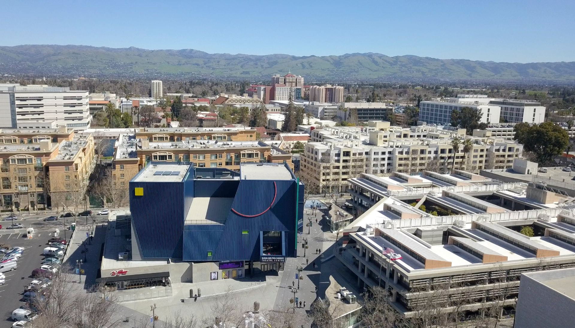 An aerial view shows the Alfred E. Alquist Building on the right across from the Hammer Theatre Center.