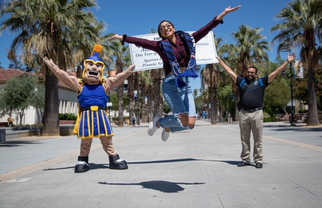 Azusena Reyes shows her excitement after receiving the San Jose Earthquakes East Side Promise Scholarship during freshman orientation at San Jose State University on Tuesday, July 16, 2019. (Photo: Jim Gensheimer)
