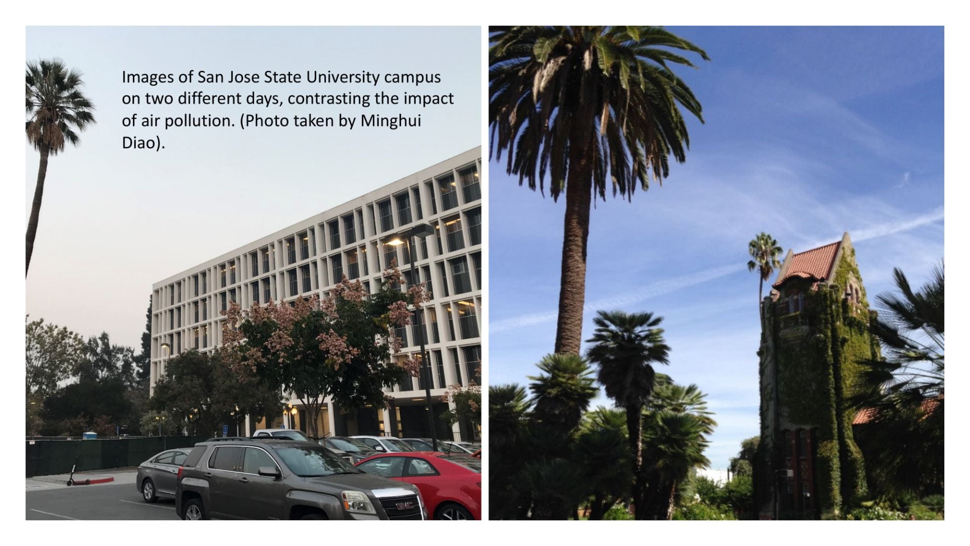 Two photos compare the way the sky near campus looks on a day with low air pollution vs. a day with high air pollution.