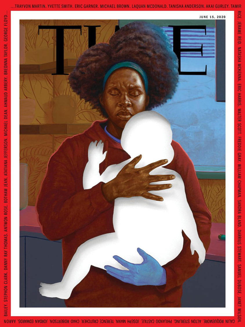 A Black mother with her eyes closed and eyebrows furrowed, holds a white cut out of her baby. Her hand below the baby is blue.