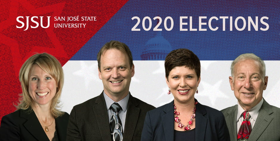 Four political science professors are lined up on top of a red, white and blue graphic with the SJSU logo and title "2020 Elections."