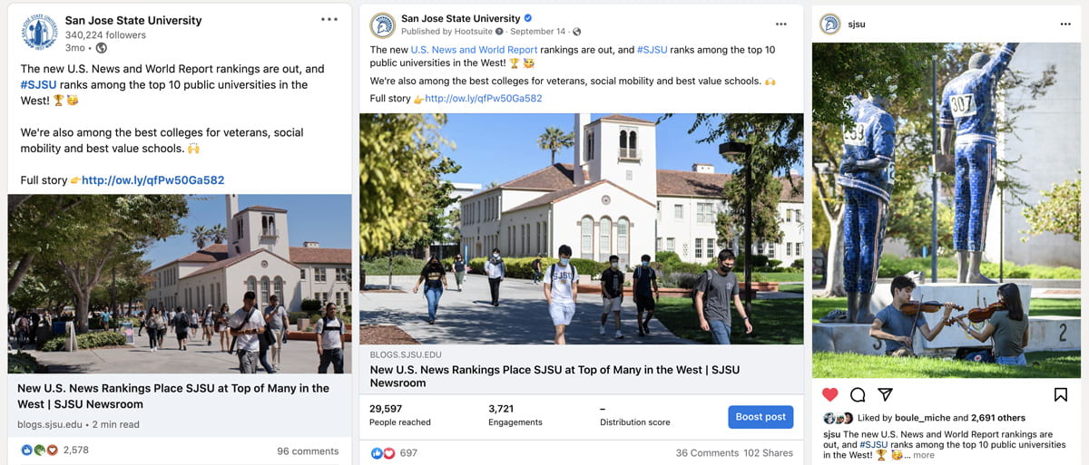 Three social media posts that highlight SJSU rankings with high engagement. 